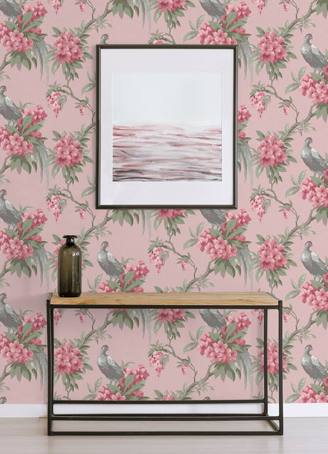 Brewster M1665 Golden Pheasant Pink Floral Wallpaper