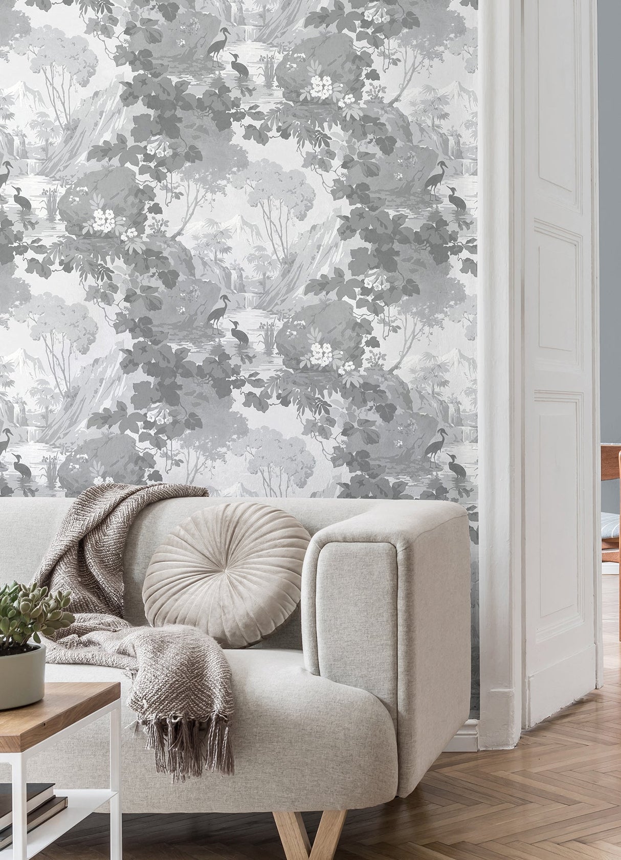 Brewster M1677 Eden Grey Crane Lagoon Wallpaper