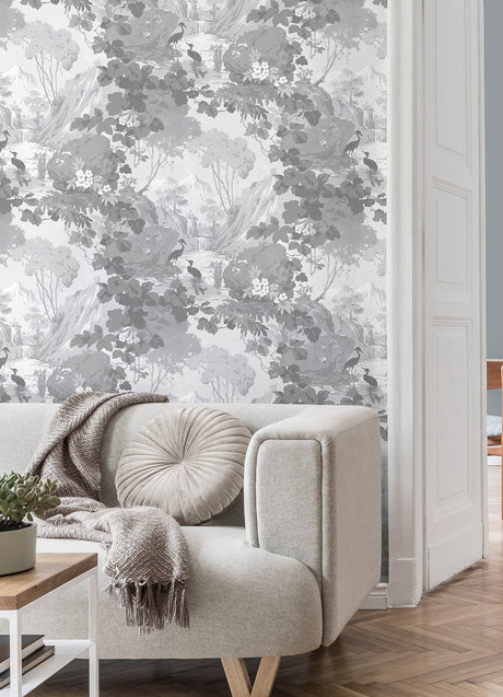Brewster M1677 Eden Grey Crane Lagoon Wallpaper