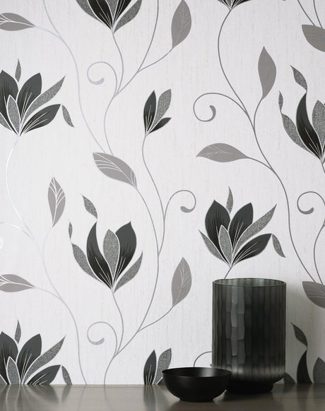 Fine Decor M1719 Synergy Black Floral Wallpaper