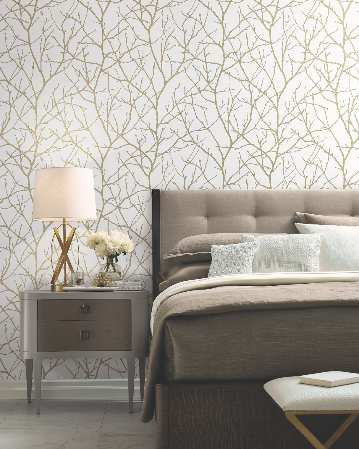 York MD7126 Trees Silhouette White & Gold Wallpaper