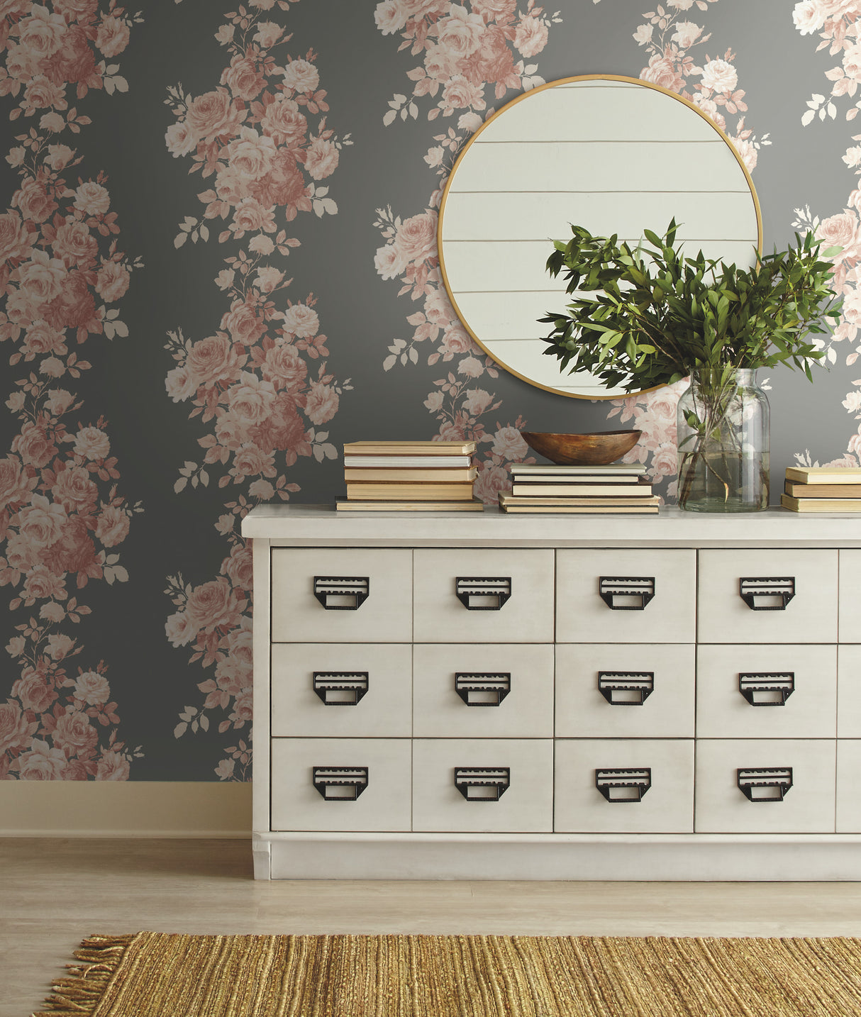 York ME1530 Tea Rose Blush & Grey Wallpaper