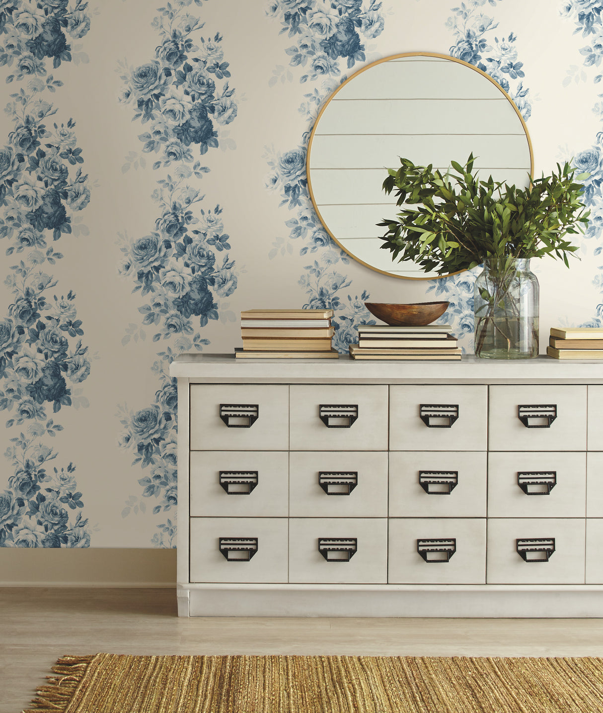 York ME1531 Tea Rose Blue Wallpaper