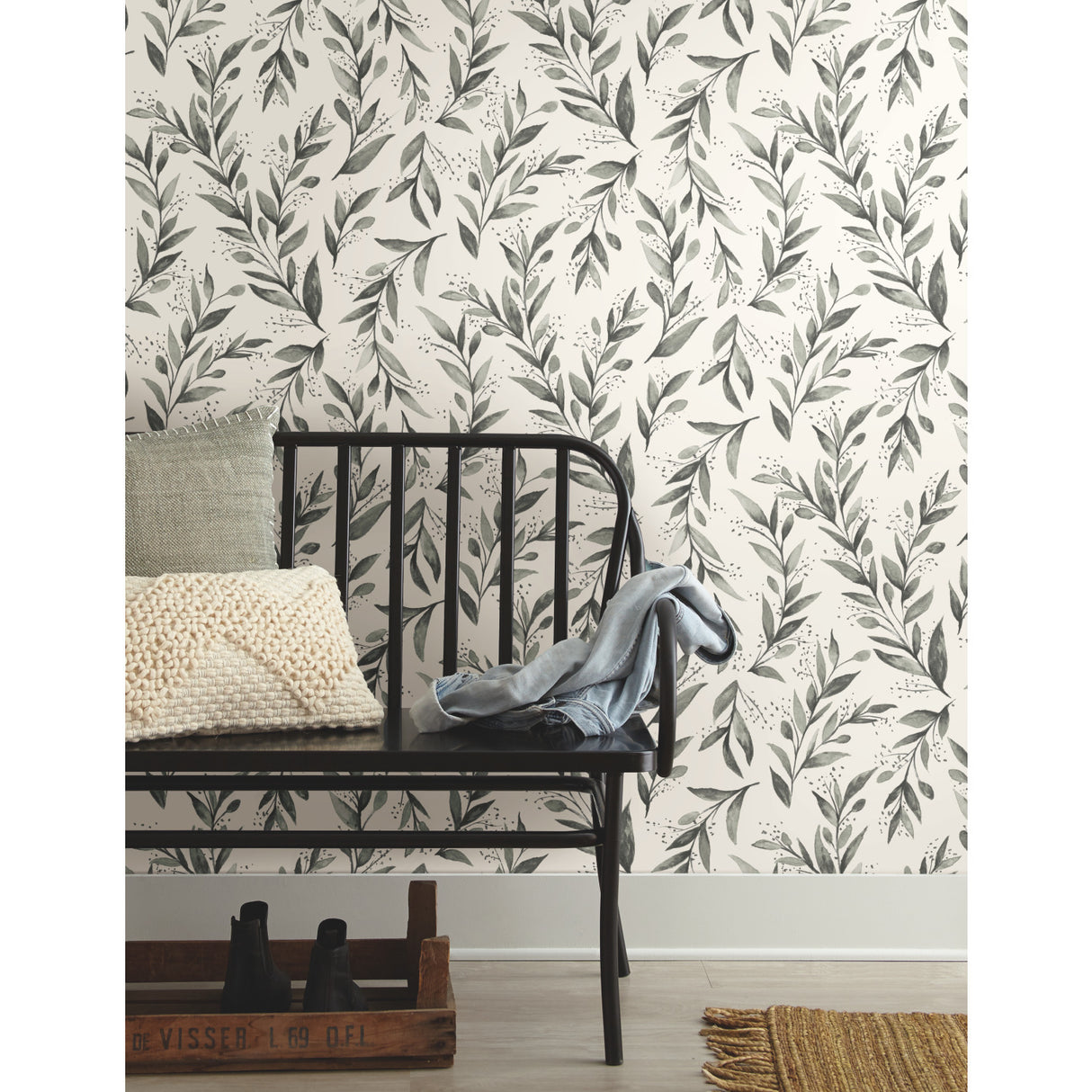 York ME1537 Olive Branch Charcoal Wallpaper