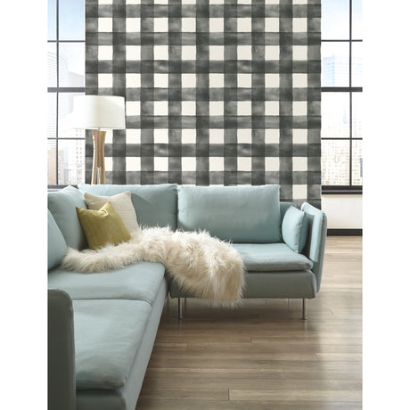 York MH1516 Watercolor Check Black & White Wallpaper