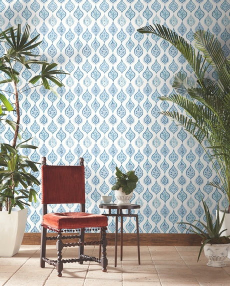York MN1850 Marketplace Motif White & Blue Wallpaper