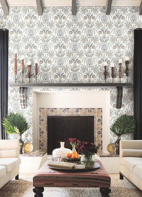 York MN1915 Seaside Jacobean Taupe & Blue Wallpaper