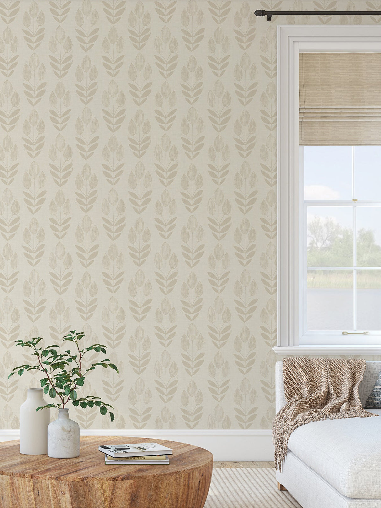 NuWallpaper NUS4302 Cream Folk Tulip Peel & Stick Wallpaper