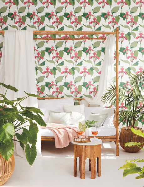 York NV5525 Coral & Green Lady Slipper Wallpaper