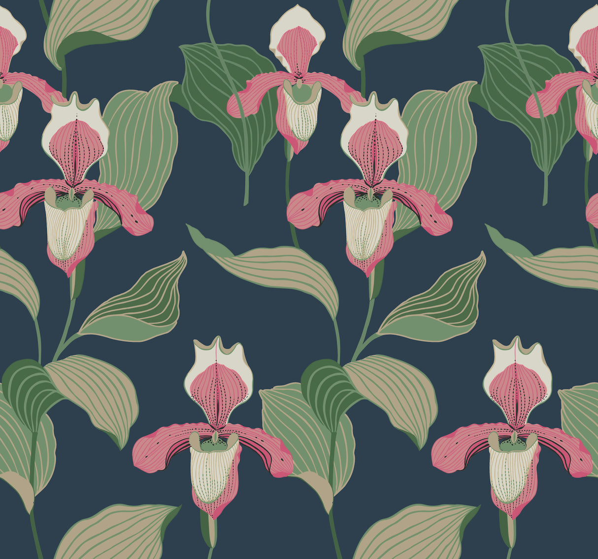 York NV5527 Coral & Navy Lady Slipper Wallpaper