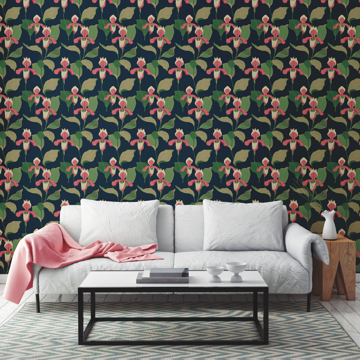 York NV5527 Coral & Navy Lady Slipper Wallpaper