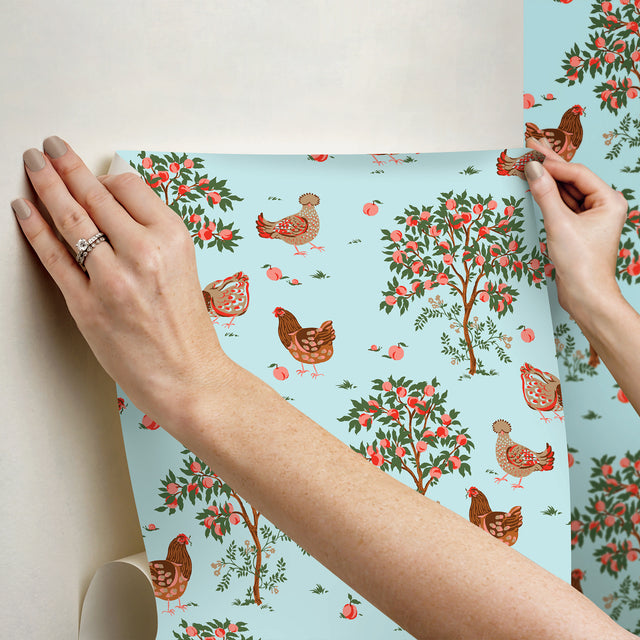 PrintFresh PFS6562 Hen House Aqua Peel and Stick Wallpaper