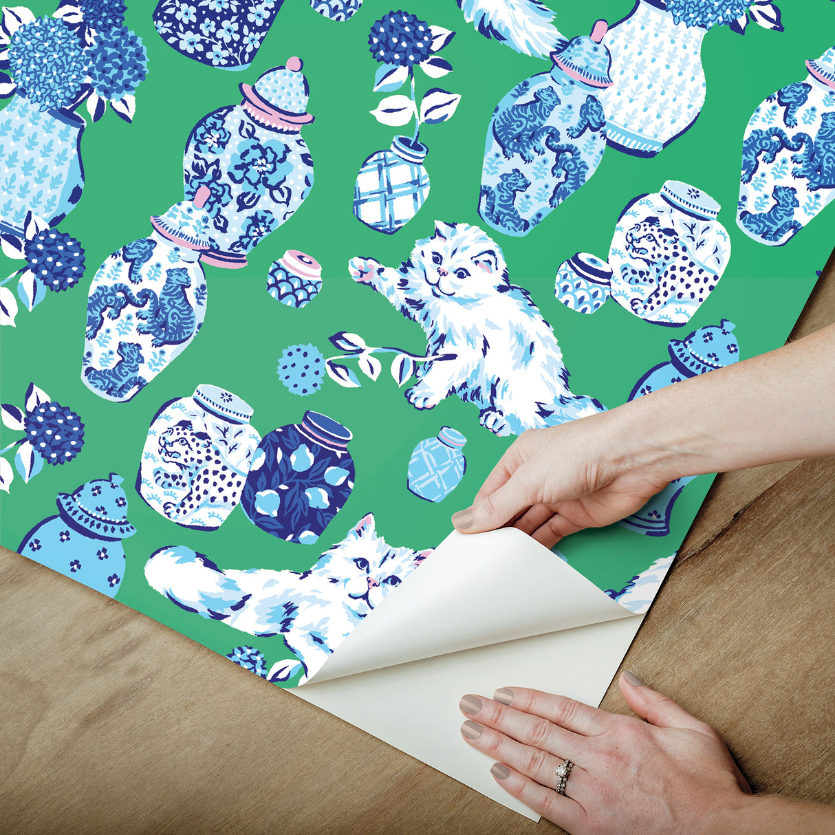 PrintFresh PFS6563 Fancy Cats Green Peel and Stick Wallpaper