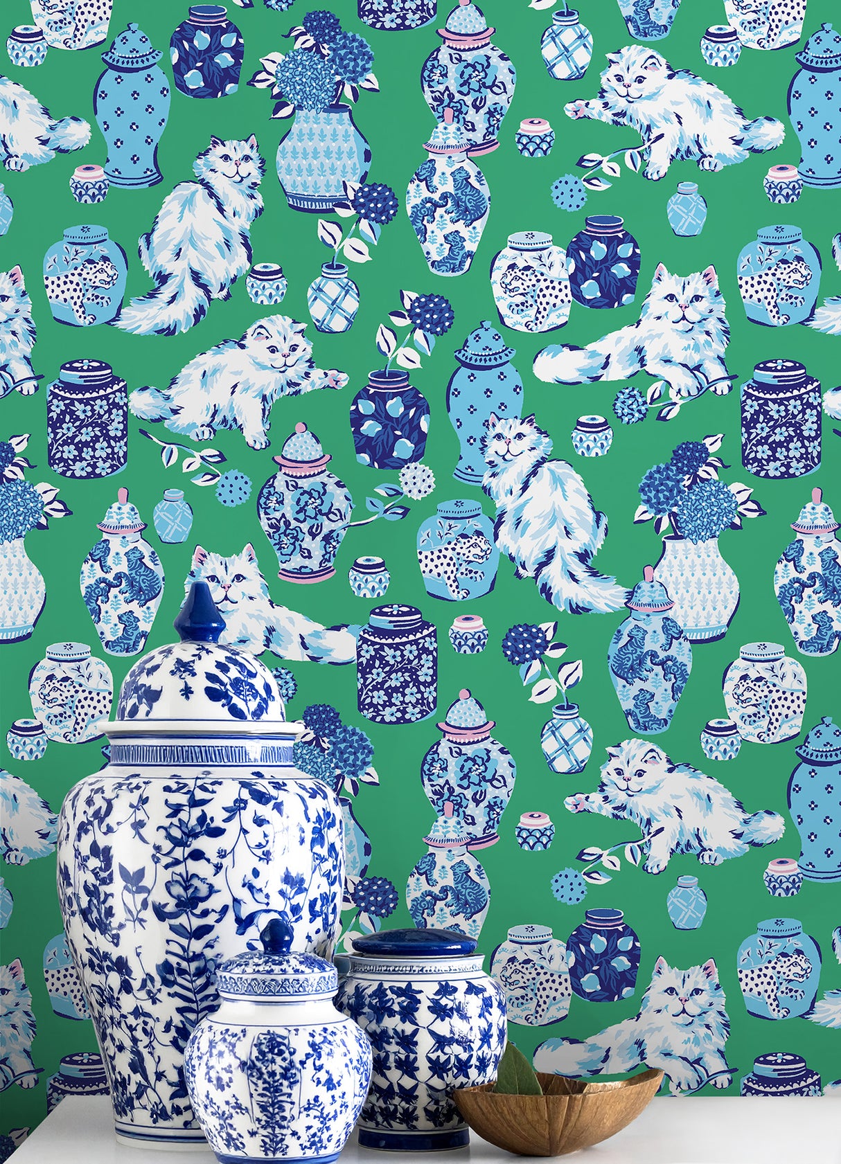 PrintFresh PFS6563 Fancy Cats Green Peel and Stick Wallpaper