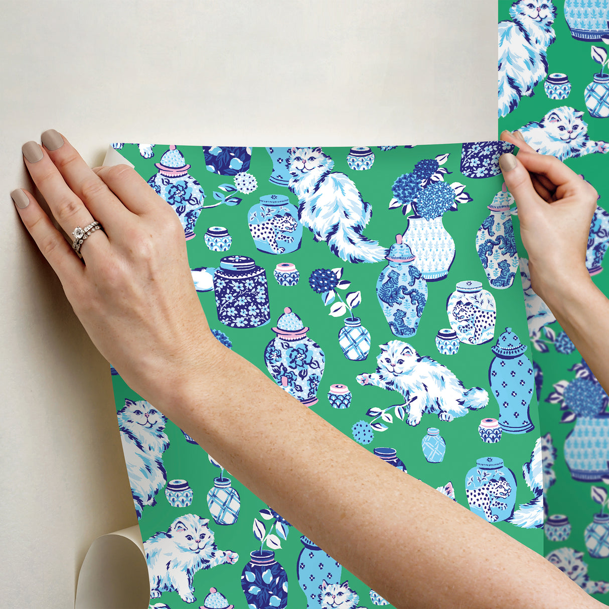 PrintFresh PFS6563 Fancy Cats Green Peel and Stick Wallpaper