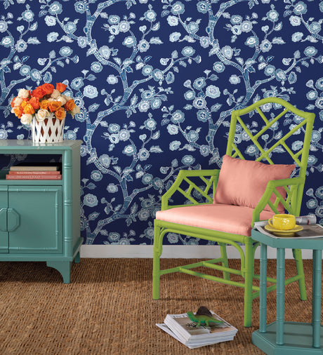 York PSW1407RL Temple Garden Navy Blue Peel & Stick Wallpaper