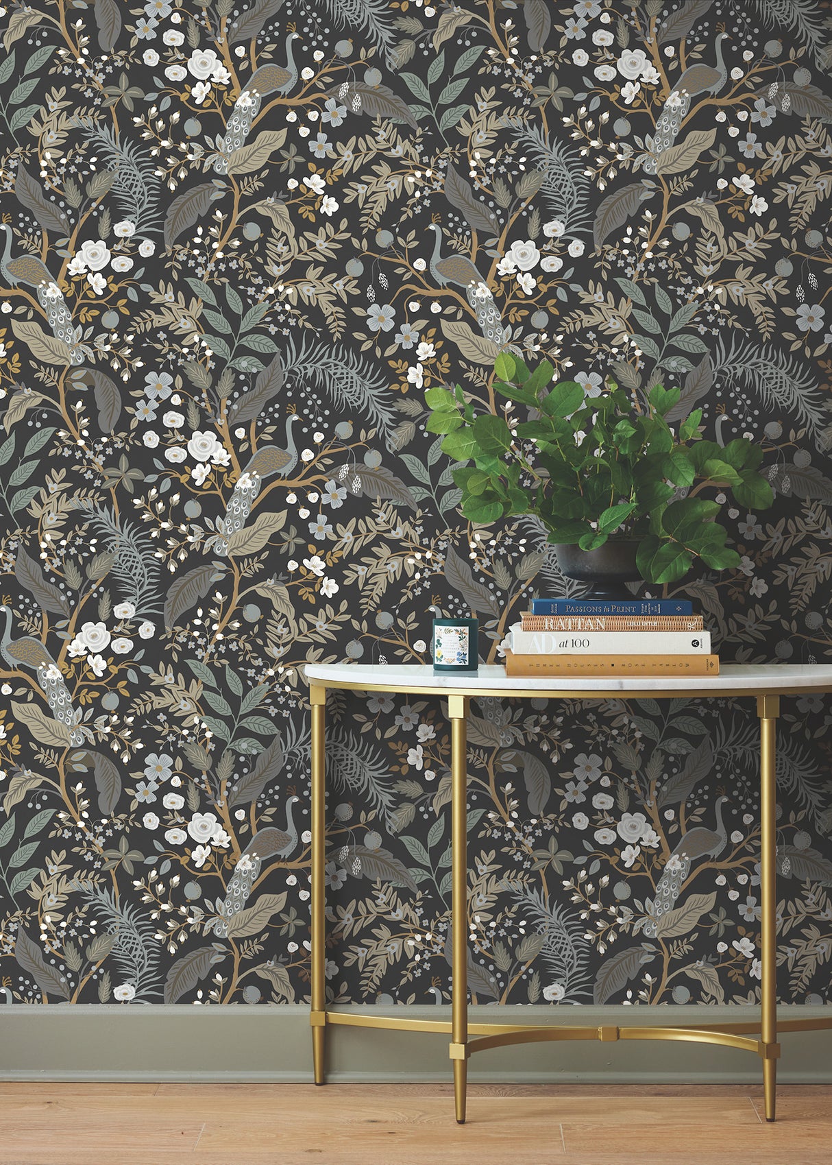 York PSW1537RL Peacock Garden Black Peel & Stick Wallpaper