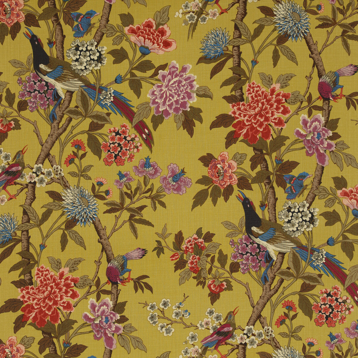 G P & J BAKER R1355.1.0 HYDRANGEA BIRD MUSTARD/MAUVE Fabric - Eade's Wallpaper