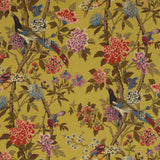 G P & J BAKER R1355.1.0 HYDRANGEA BIRD MUSTARD/MAUVE Fabric - Eade's Wallpaper