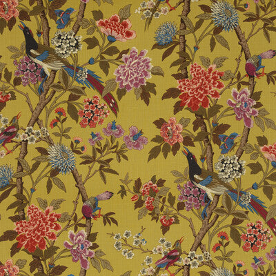 G P & J BAKER R1355.1.0 HYDRANGEA BIRD MUSTARD/MAUVE Fabric - Eade's Wallpaper