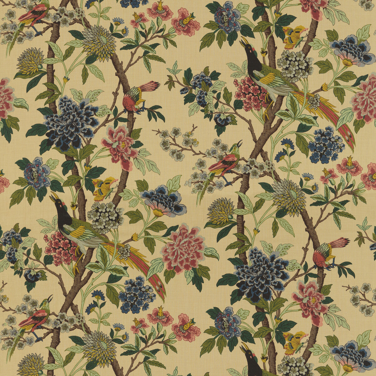 G P & J BAKER R1355.3.0 HYDRANGEA BIRD ROSE/BISCUIT Fabric - Eade's Wallpaper
