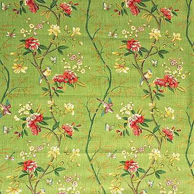 G P & J BAKER R1368.6.0 PEONY & BLOSSOM APPLE GREEN/BRICK Fabric - Eade's Wallpaper