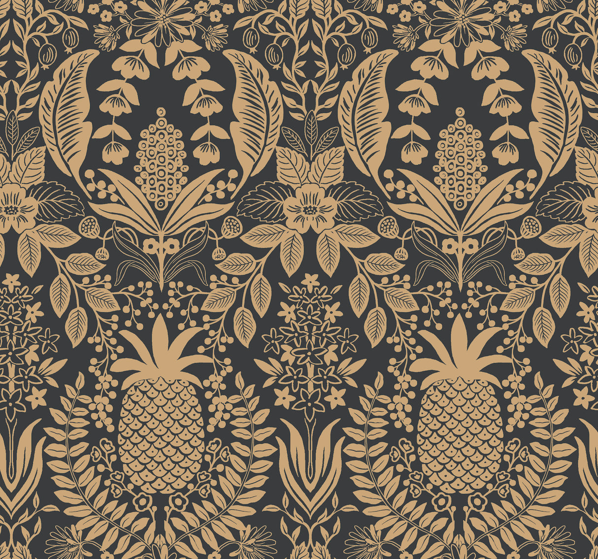 Rifle Paper Co. RF7483 Pineapple Damask Black Wallpaper