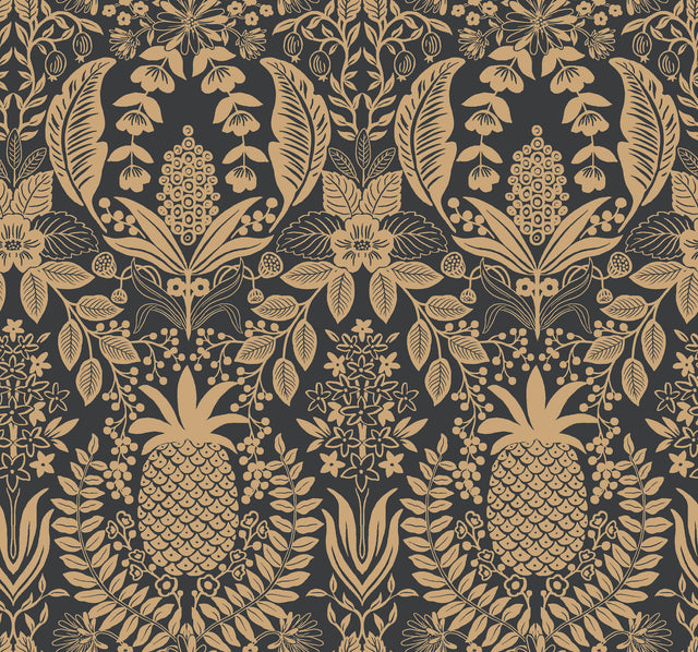 Rifle Paper Co. RF7483 Pineapple Damask Black Wallpaper
