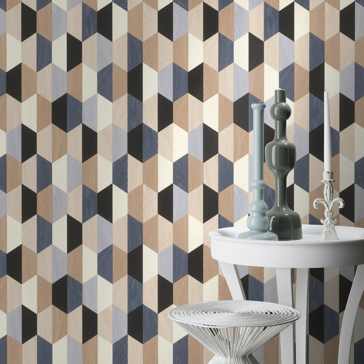 Rasch RH466331 Anthony Blue Wooden Hexagon Wallpaper