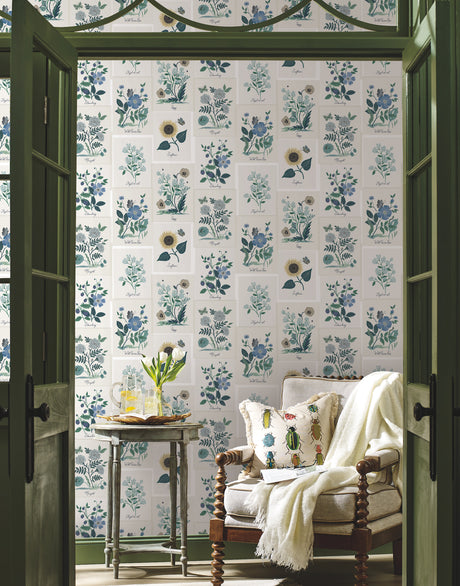 York RP7335 Botanical Prints White & Blue Wallpaper