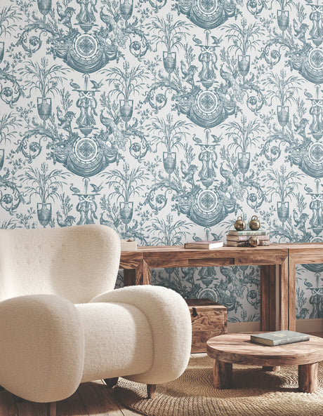 York RT7811 Avian Fountain Toile Jade Wallpaper