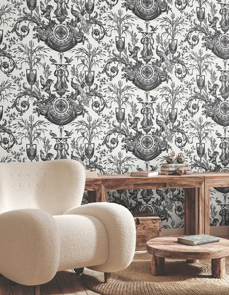 York RT7813 Avian Fountain Toile Black Wallpaper