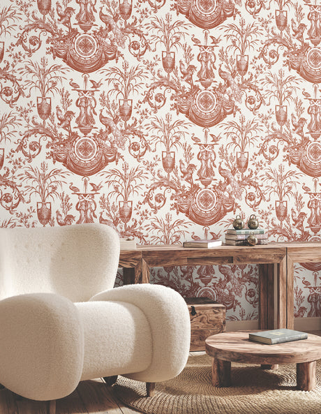 York RT7814 Avian Fountain Toile Brick Wallpaper