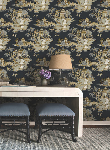 York RT7902 Pagoda And Sampan Scenic Black Wallpaper