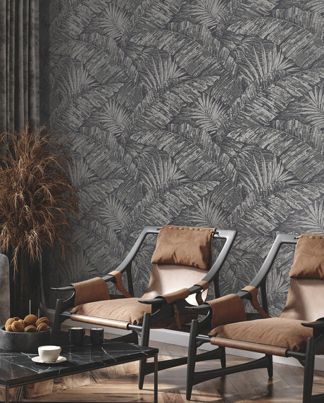York RT7923 Palm Cove Toile Silver & Black Wallpaper