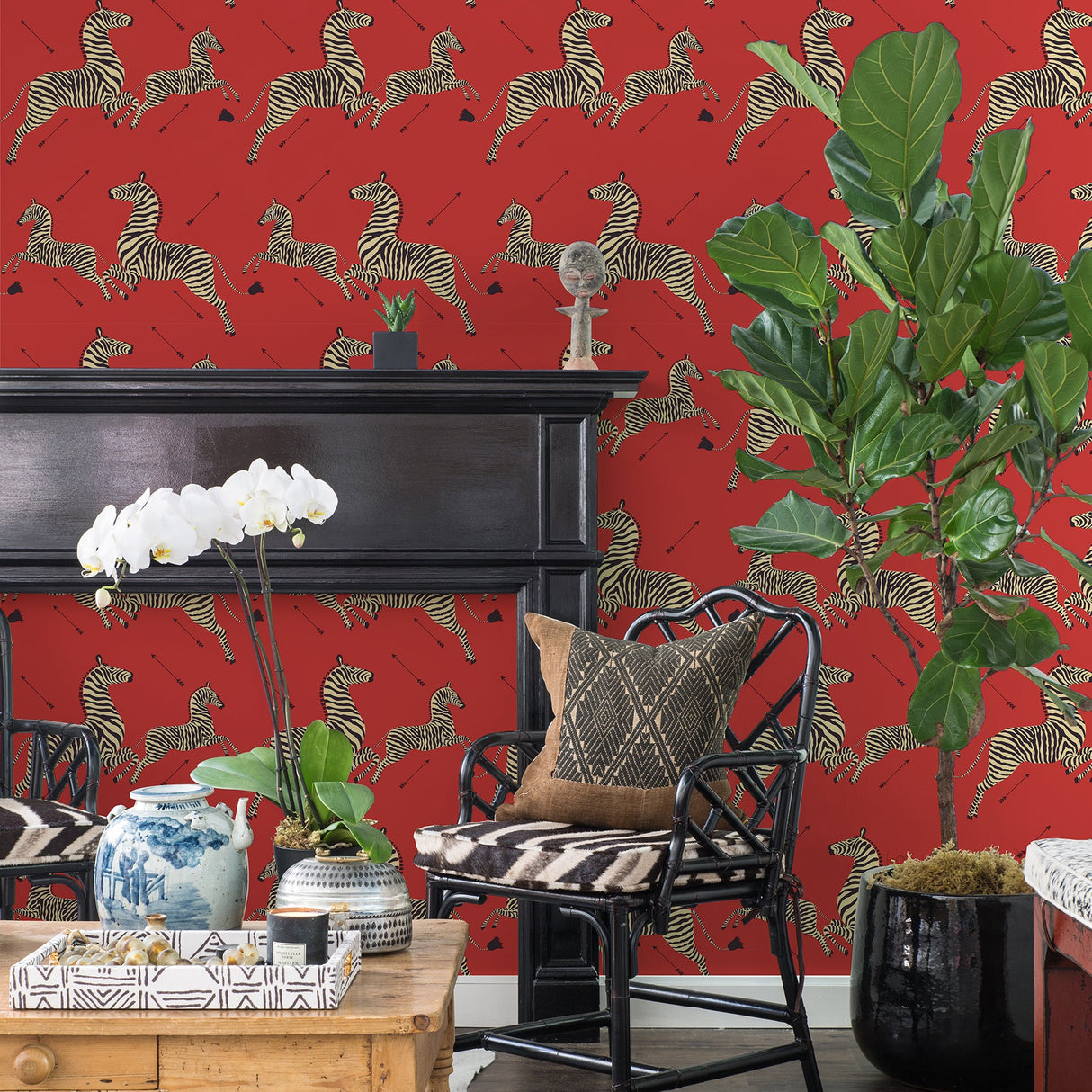 Scalamandre SCS3869 Masai Red Zebra Safari Scalamandre Self Adhesive Wallpaper