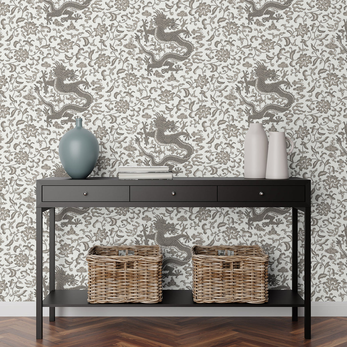 Scalamandre SCS3881 Grey Chi'en Dragon Scalamandre Self Adhesive Wallpaper