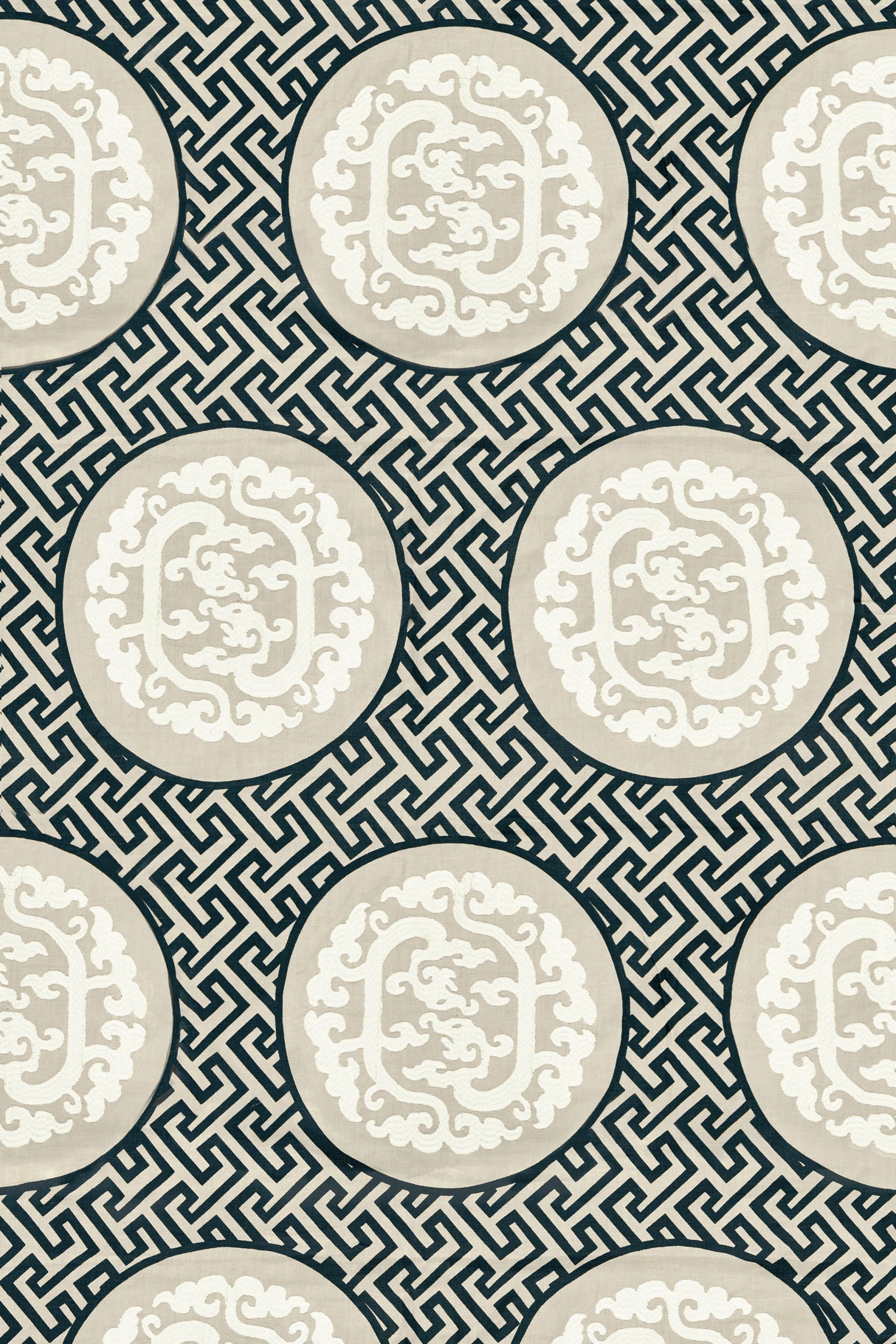 Scalamandre SC 000127215 BLACK & TAN DRAGON'S FRET EMBROIDERY Fabric - Eade's Wallpaper