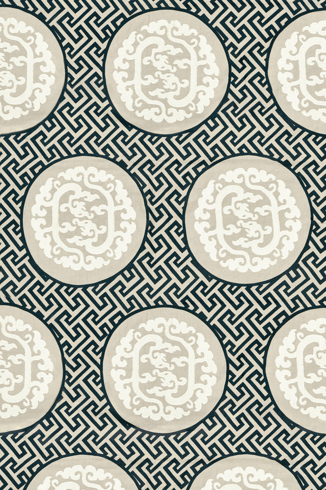 Scalamandre SC 000127215 BLACK & TAN DRAGON'S FRET EMBROIDERY Fabric - Eade's Wallpaper