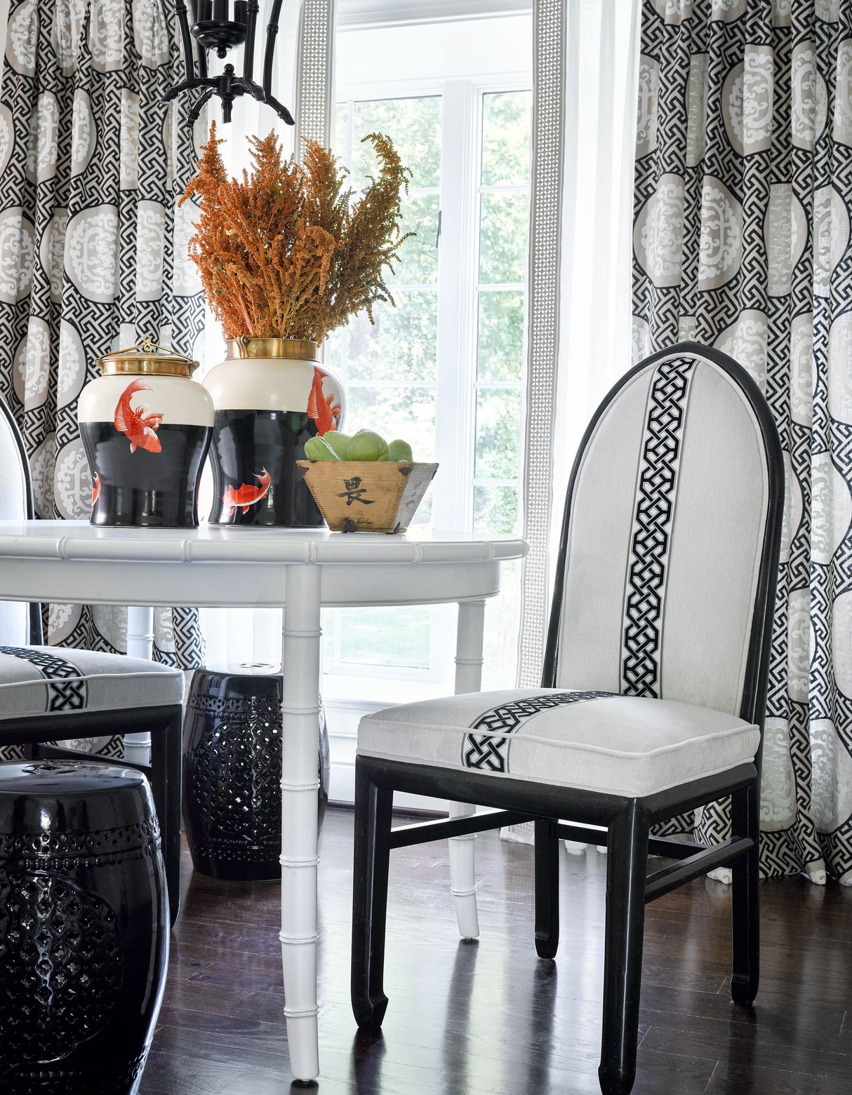 Scalamandre SC 000127215 BLACK & TAN DRAGON'S FRET EMBROIDERY Fabric - Eade's Wallpaper