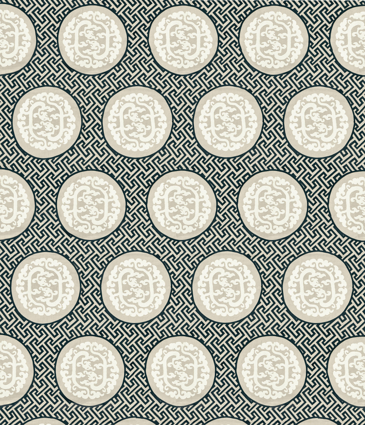 Scalamandre SC 000127215 BLACK & TAN DRAGON'S FRET EMBROIDERY Fabric - Eade's Wallpaper