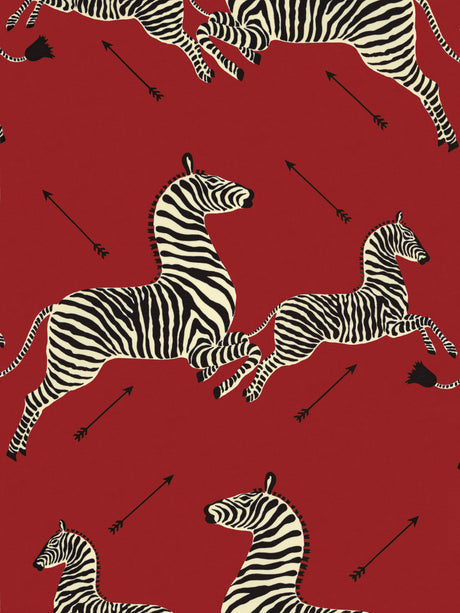Scalamandre SC 000136378 MASAI RED ZEBRAS - OUTDOOR Fabric - Eade's Wallpaper