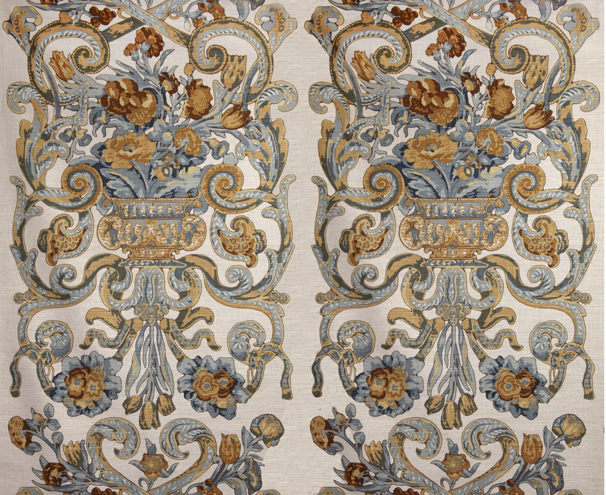 Scalamandre SC 000216136M MULTI BLUE & OAKWOOD BAROQUE FLORAL CANVAS Fabric - Eade's Wallpaper