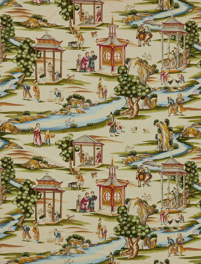 Scalamandre SC 000216264 MULTI ON TEA STAIN SHANGHAI COTTON PRINT Fabric - Eade's Wallpaper