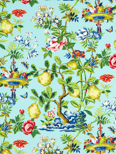 Scalamandre SC 000216583 AQUAMARINE SHANTUNG GARDEN COTTON PRINT Fabric - Eade's Wallpaper