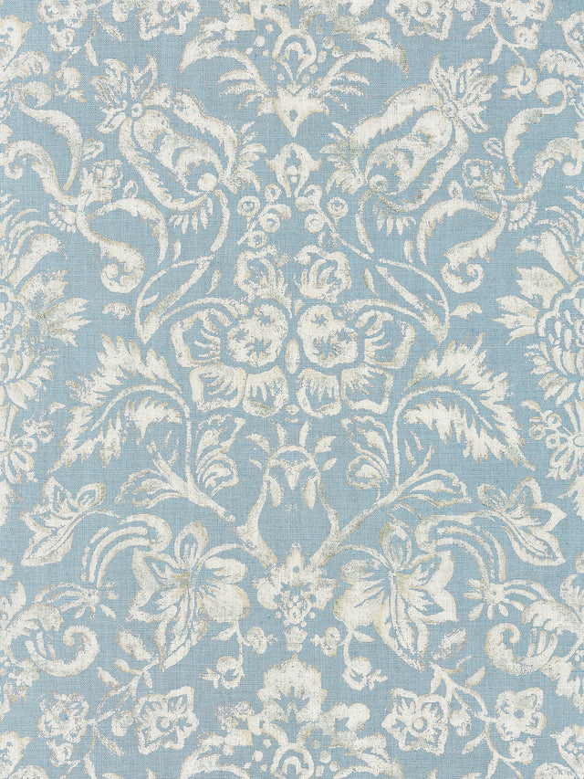 Scalamandre SC 000216598 BLUESTONE & SILVER MANSFIELD DAMASK PRINT Fabric - Eade's Wallpaper