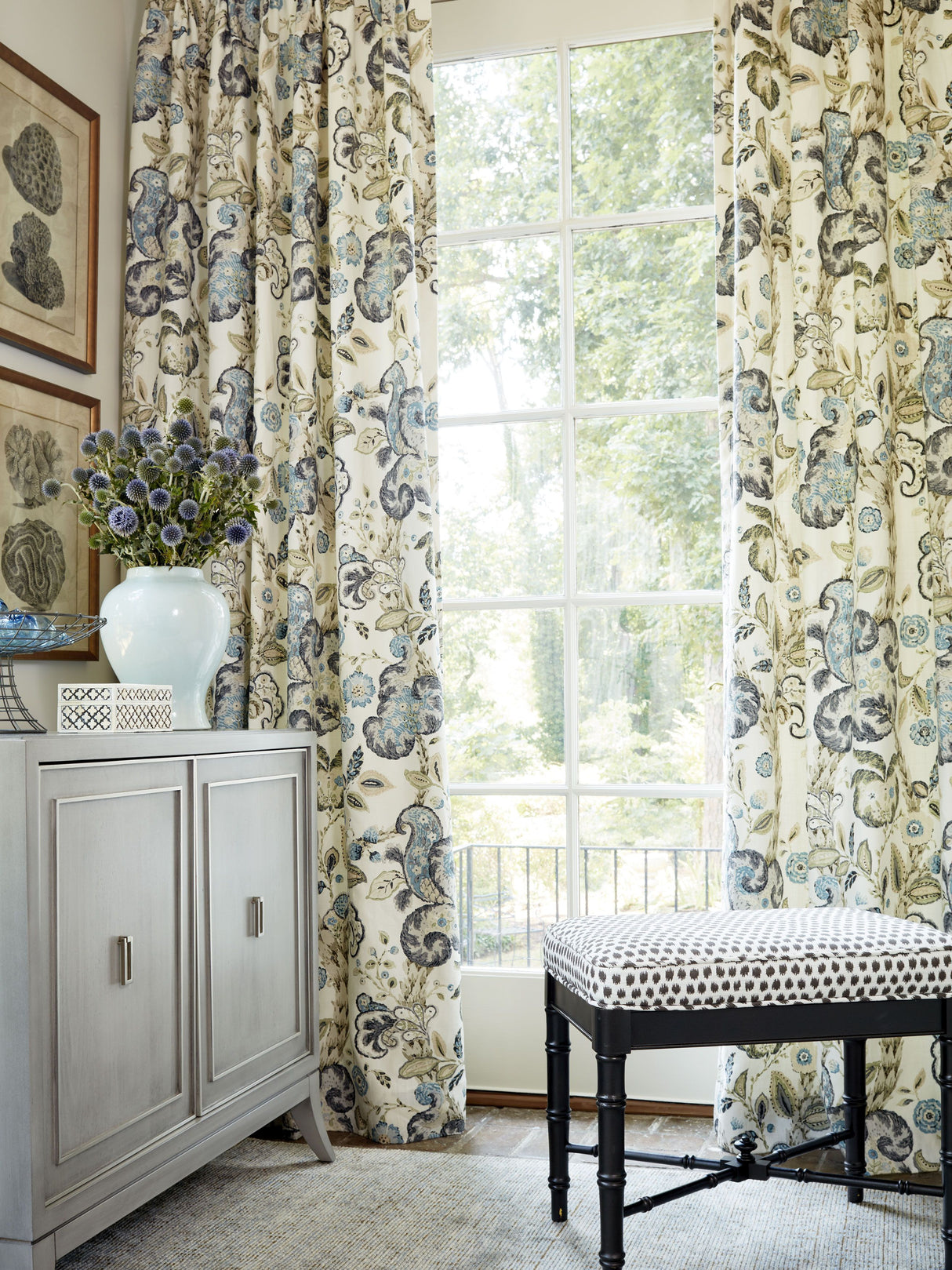 Scalamandre SC 000216603 SMOKE ON IVORY CUMBRIA HAND BLOCK PRINT Fabric - Eade's Wallpaper