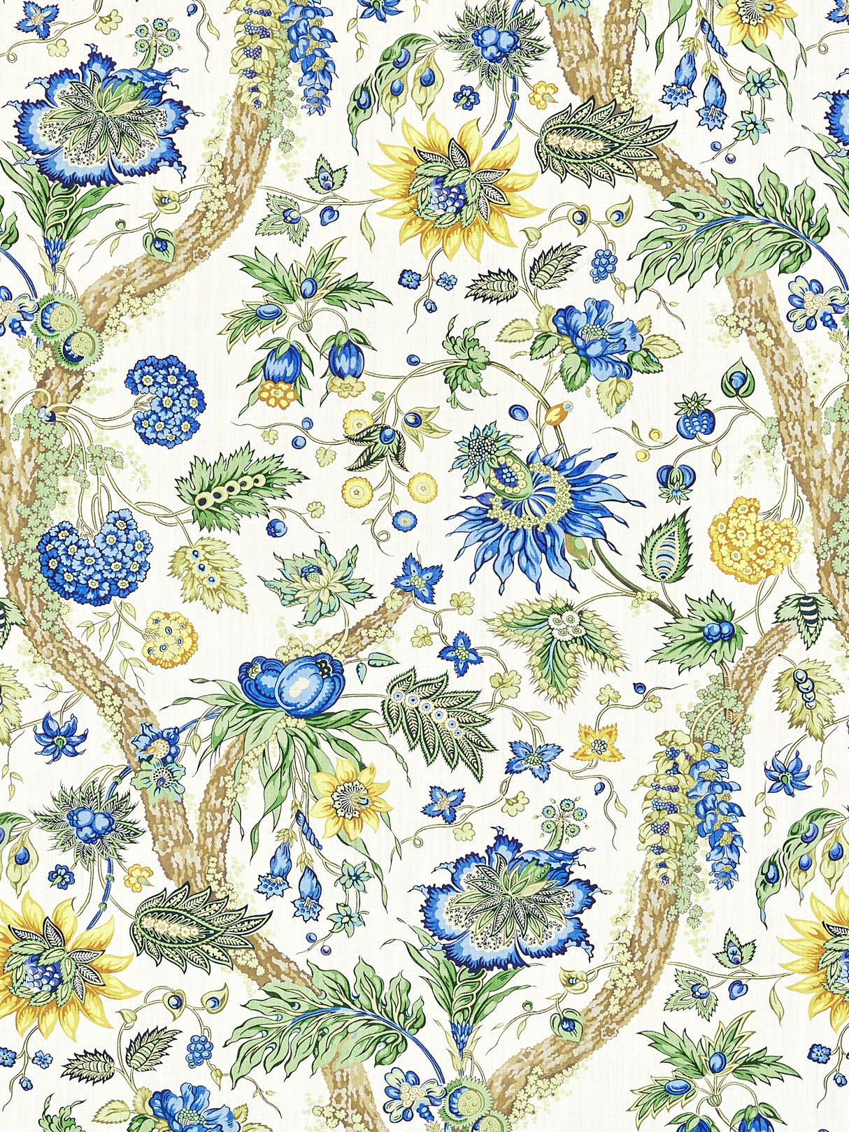 Scalamandre SC 000216647 BLUE AND GOLD FLEURS TROPICALES Fabric - Eade's Wallpaper