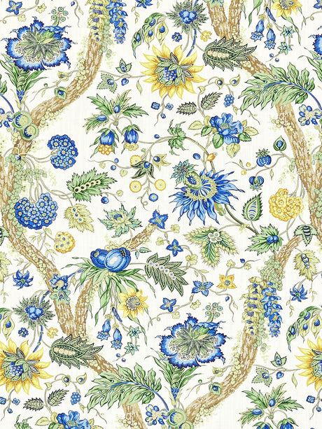 Scalamandre SC 000216647 BLUE AND GOLD FLEURS TROPICALES Fabric - Eade's Wallpaper