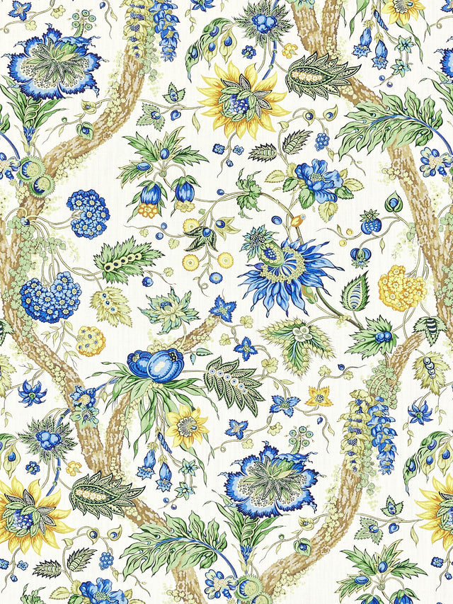Scalamandre SC 000216647 BLUE AND GOLD FLEURS TROPICALES Fabric - Eade's Wallpaper